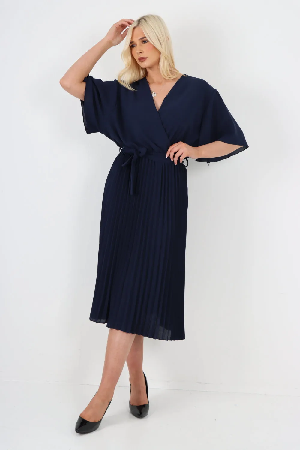 Italian Pleated Belted Wrap Short Sleeve Midi Dress