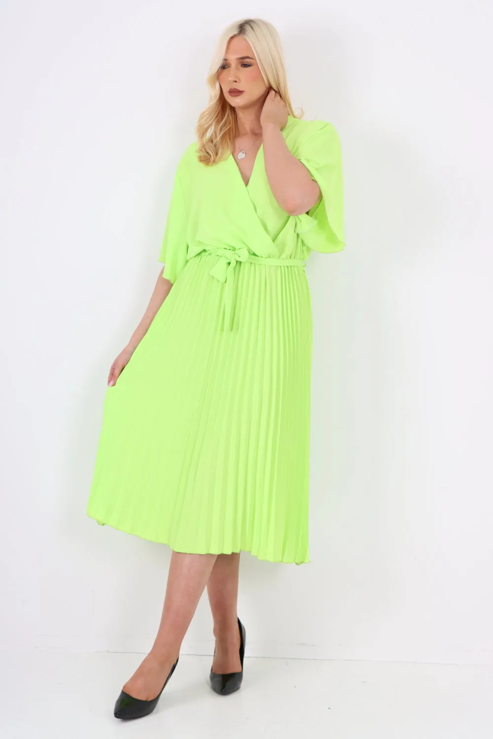 Italian Pleated Belted Wrap Short Sleeve Midi Dress