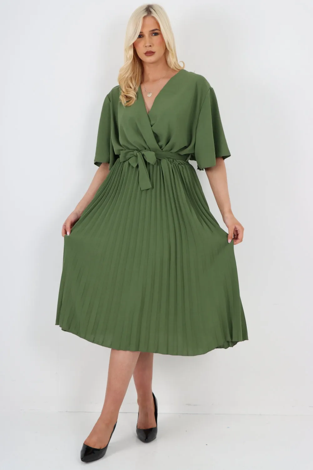 Italian Pleated Belted Wrap Short Sleeve Midi Dress