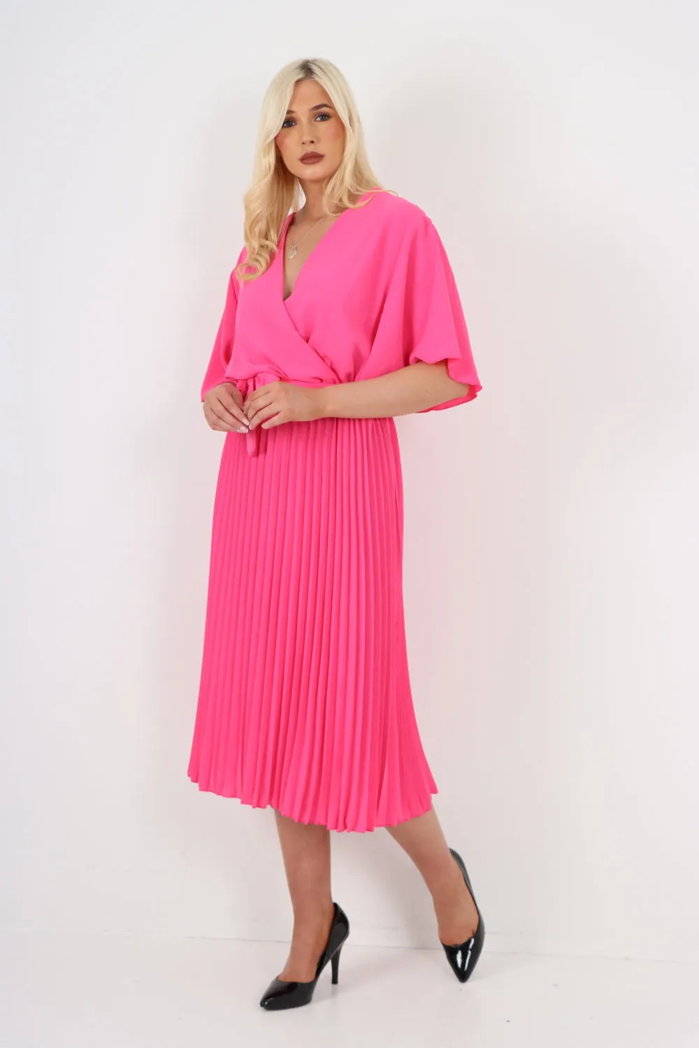 Italian Pleated Belted Wrap Short Sleeve Midi Dress