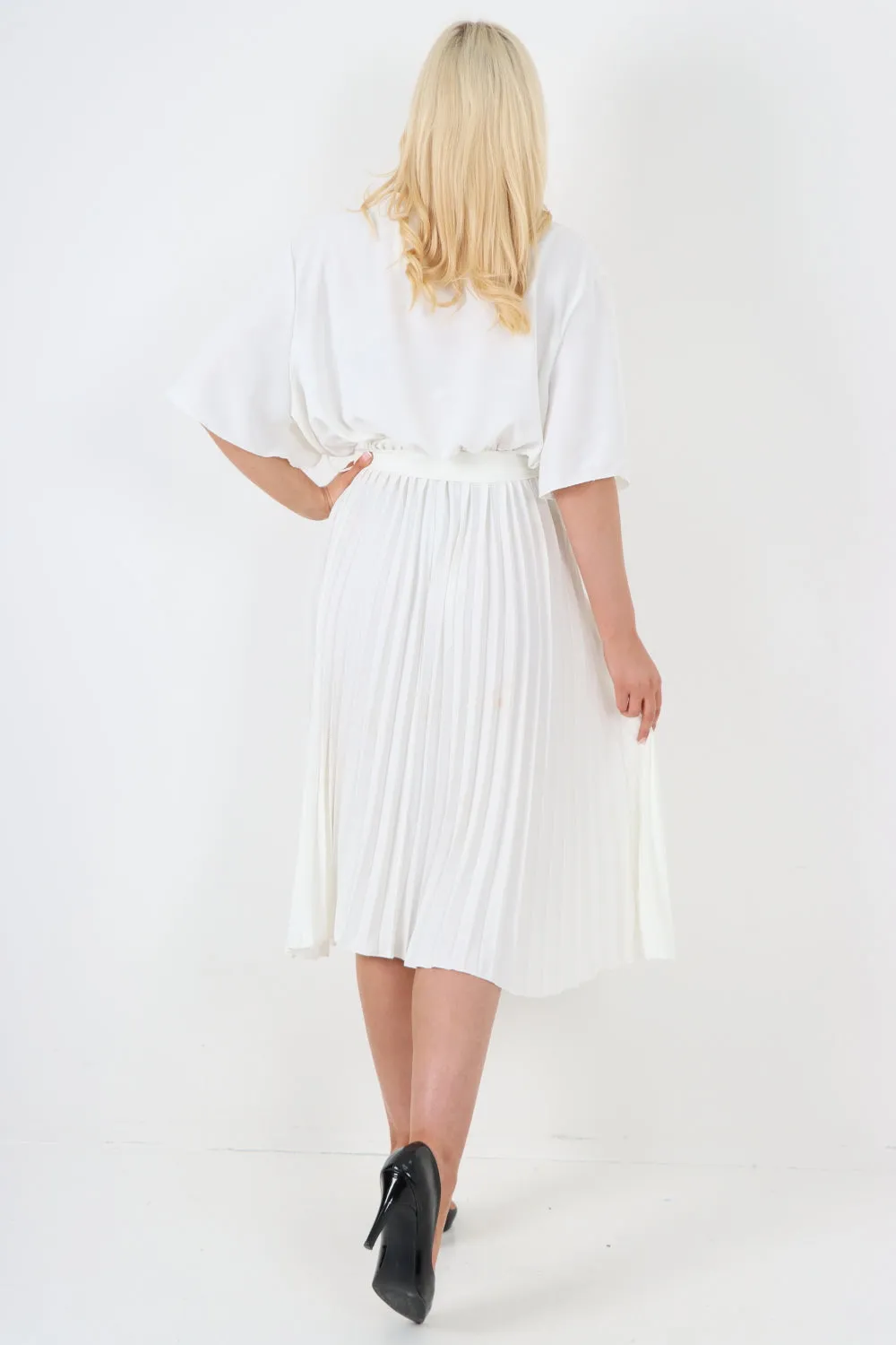 Italian Pleated Belted Wrap Short Sleeve Midi Dress