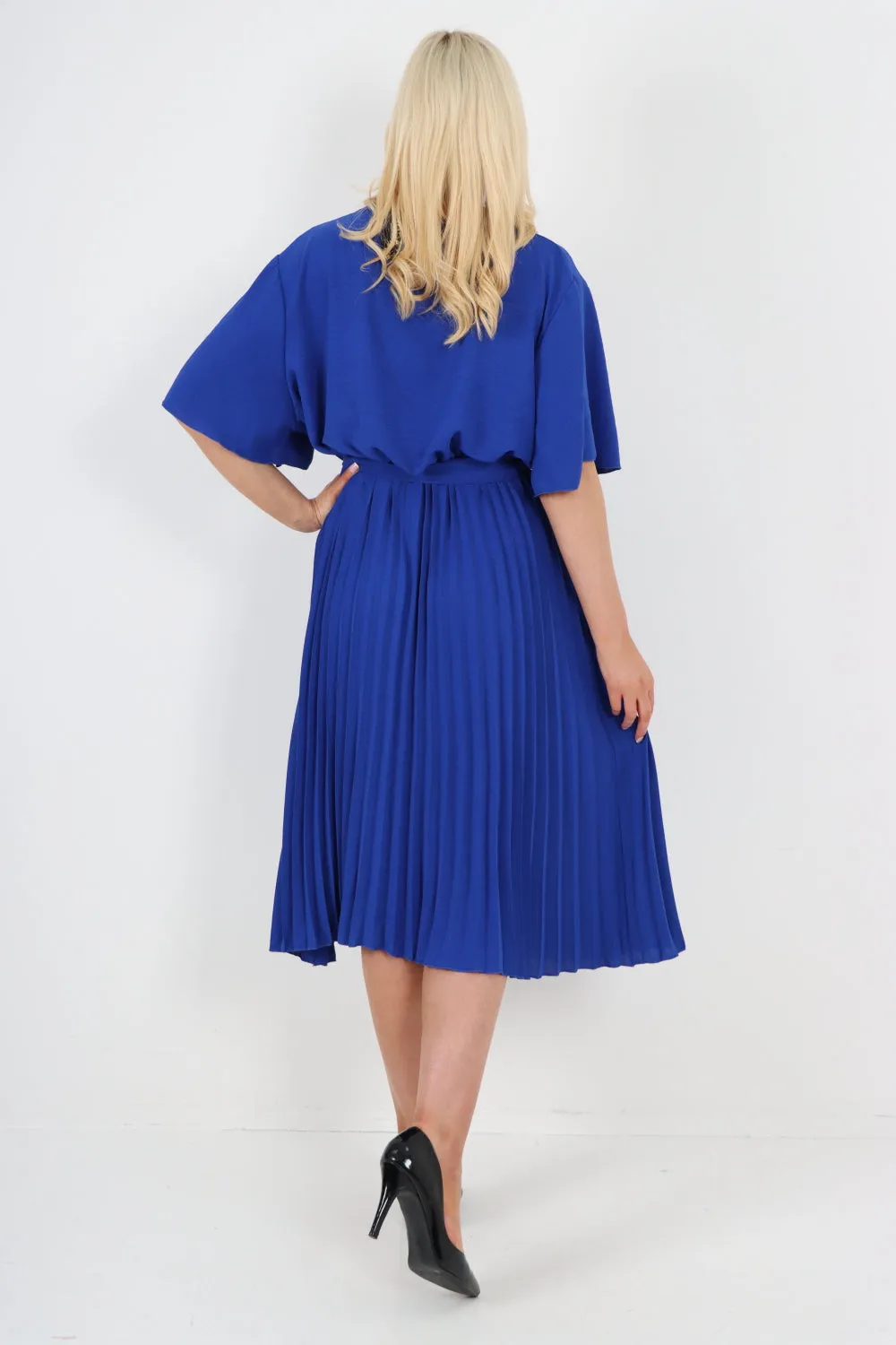 Italian Pleated Belted Wrap Short Sleeve Midi Dress
