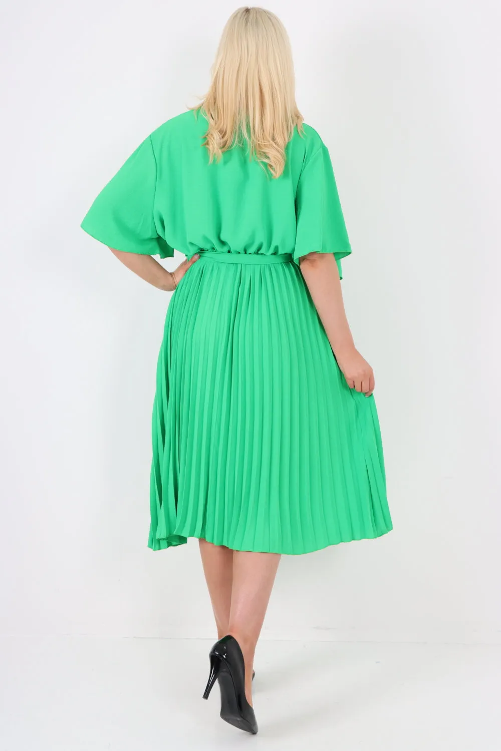 Italian Pleated Belted Wrap Short Sleeve Midi Dress