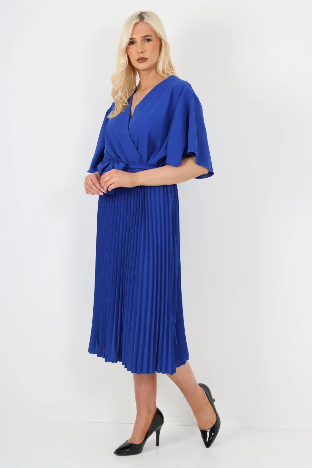 Italian Pleated Belted Wrap Short Sleeve Midi Dress