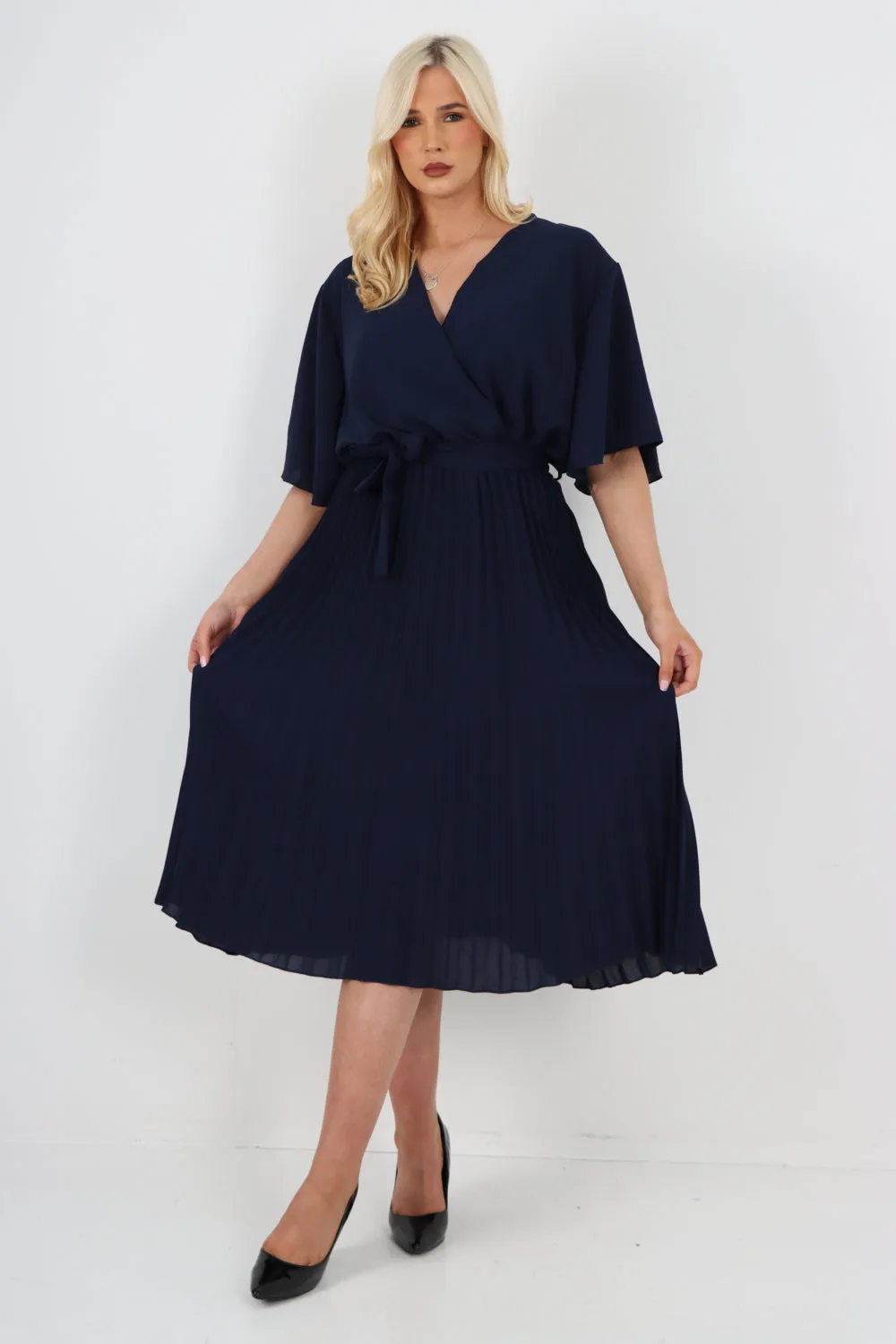 Italian Pleated Belted Wrap Short Sleeve Midi Dress