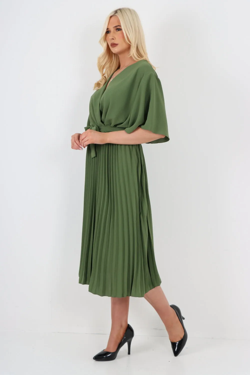 Italian Pleated Belted Wrap Short Sleeve Midi Dress