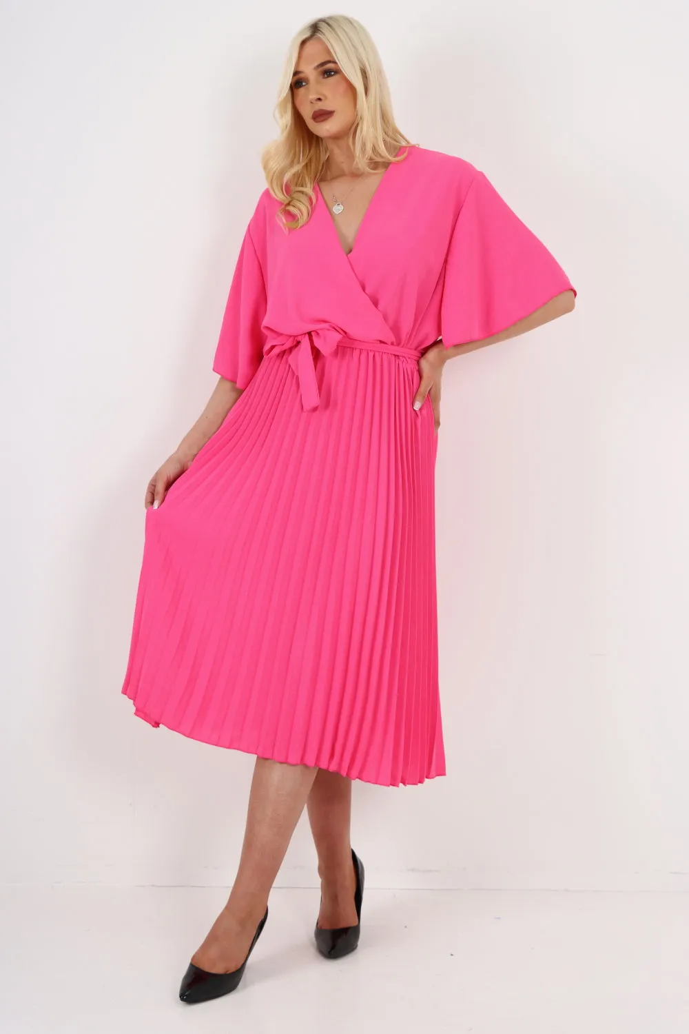 Italian Pleated Belted Wrap Short Sleeve Midi Dress