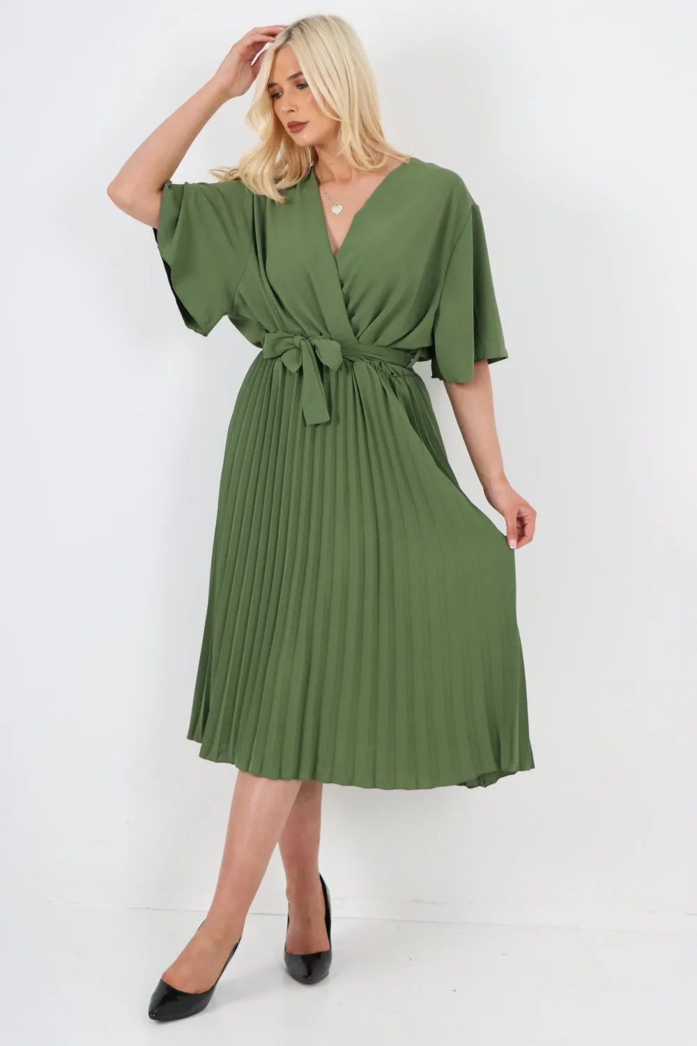 Italian Pleated Belted Wrap Short Sleeve Midi Dress