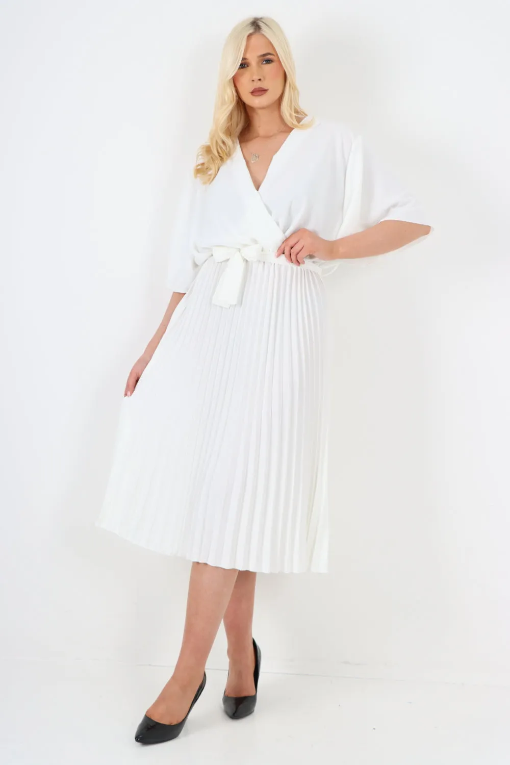 Italian Pleated Belted Wrap Short Sleeve Midi Dress