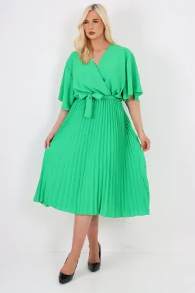 Italian Pleated Belted Wrap Short Sleeve Midi Dress
