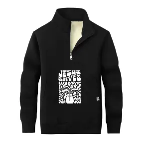 Jesus Saves Floral Cross Stand Collar Zip Fleece Sherpa Sweatshirt