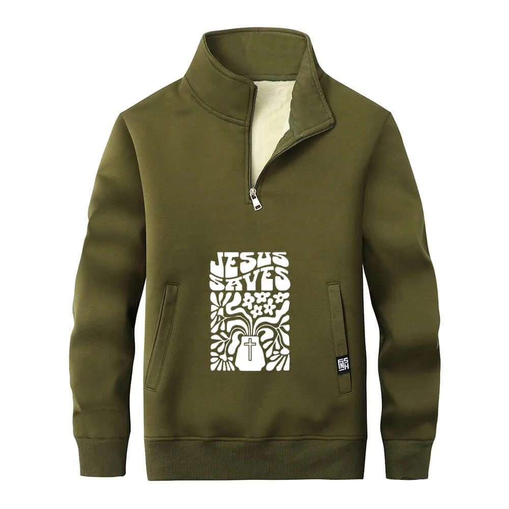 Jesus Saves Floral Cross Stand Collar Zip Fleece Sherpa Sweatshirt