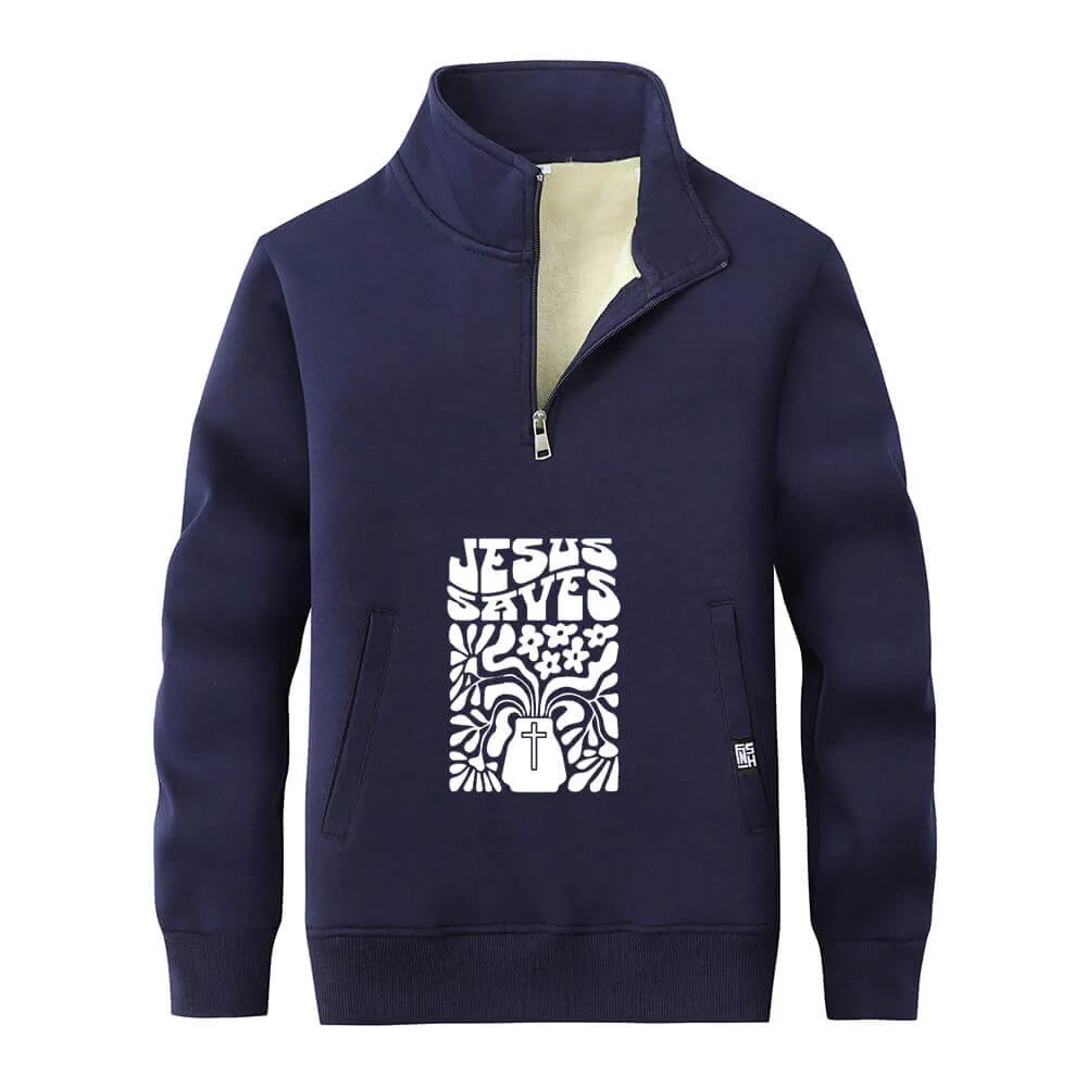 Jesus Saves Floral Cross Stand Collar Zip Fleece Sherpa Sweatshirt