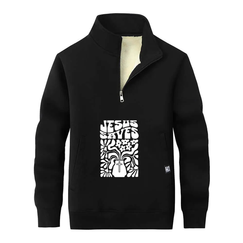 Jesus Saves Floral Cross Stand Collar Zip Fleece Sherpa Sweatshirt