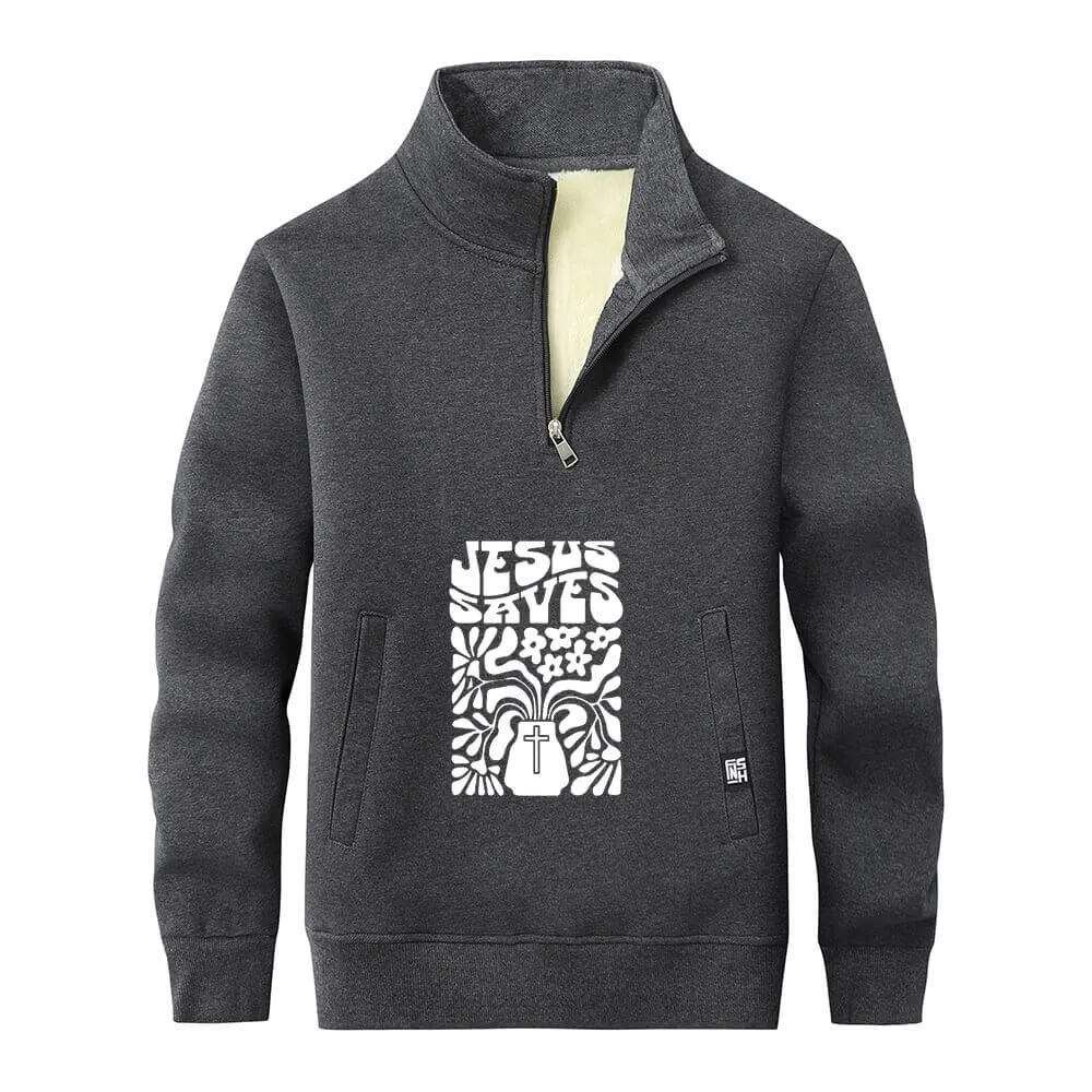 Jesus Saves Floral Cross Stand Collar Zip Fleece Sherpa Sweatshirt