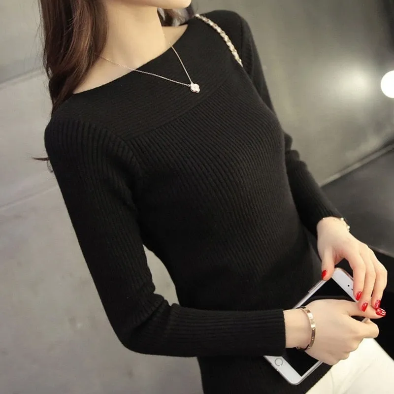 Korean Style Slim Knitted Sweater for Women - Spring, Autumn, and Winter Casual Long Sleeve Pullover Sweaters in White Pull Knitwear