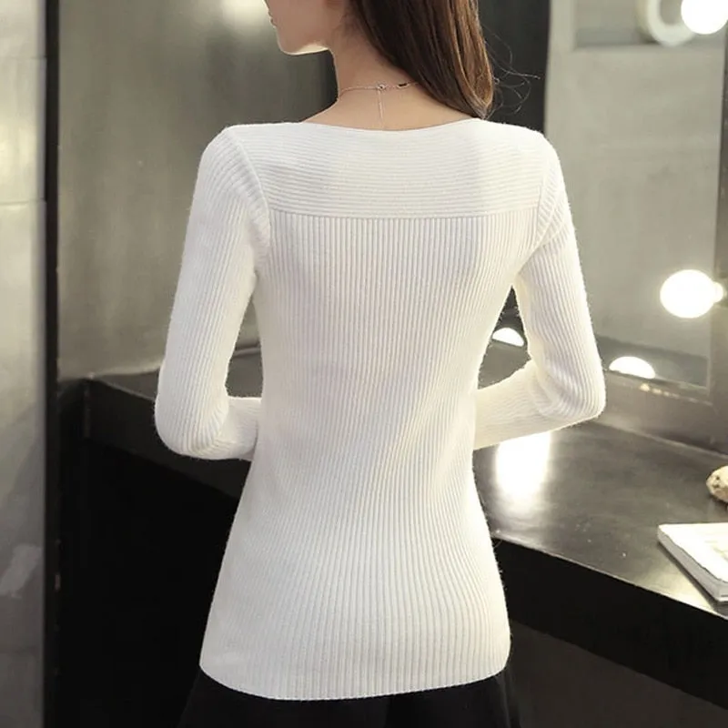 Korean Style Slim Knitted Sweater for Women - Spring, Autumn, and Winter Casual Long Sleeve Pullover Sweaters in White Pull Knitwear