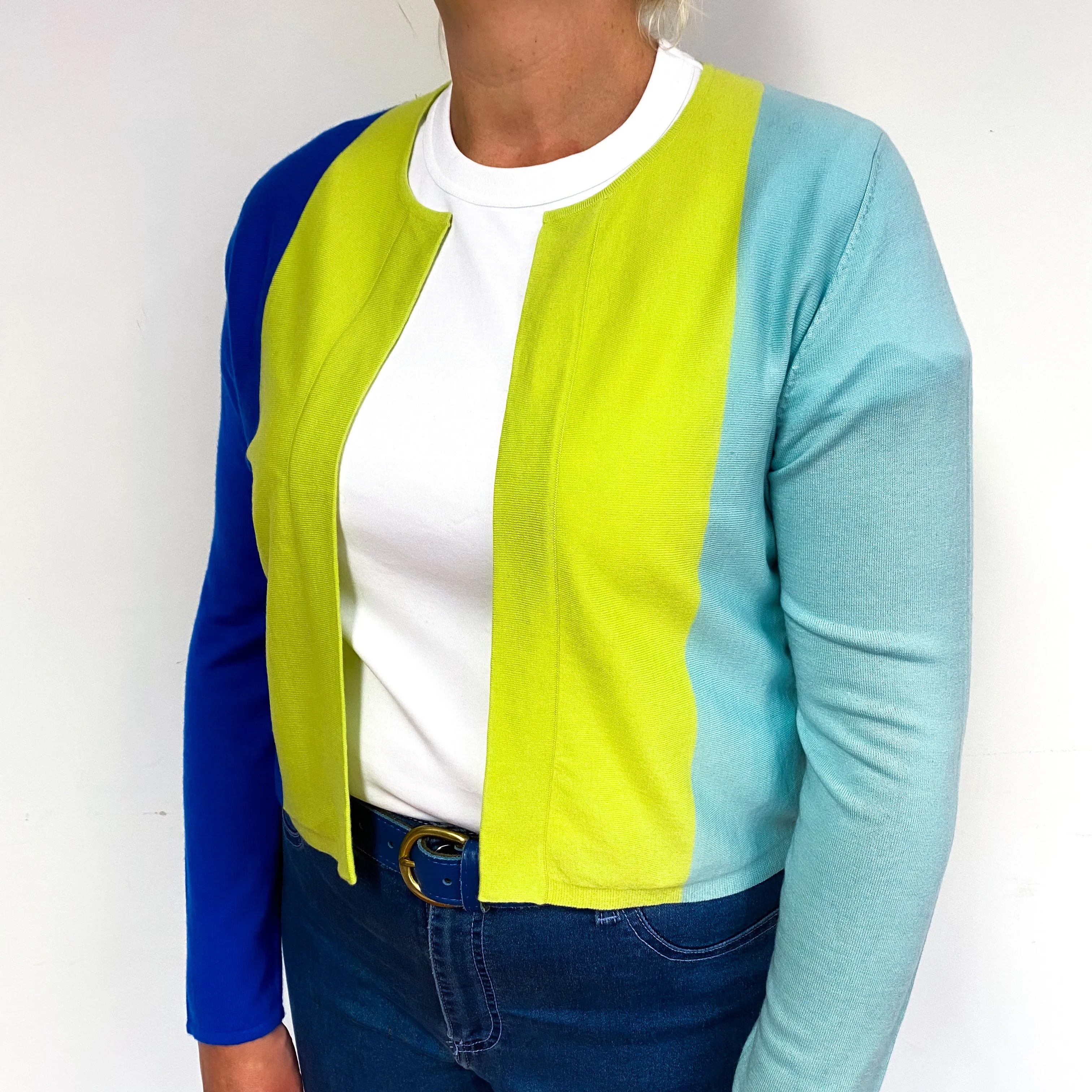 Lime Green and Blue Cashmere Fine Knit Cardigan Large