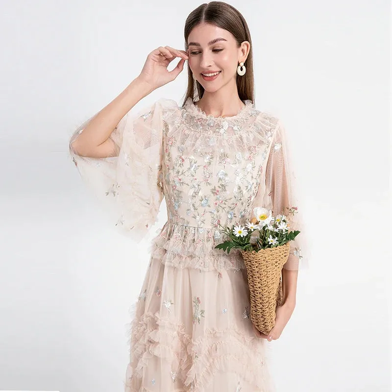 Long Embroidery Flower Ruffles Midi Party Evening Dress