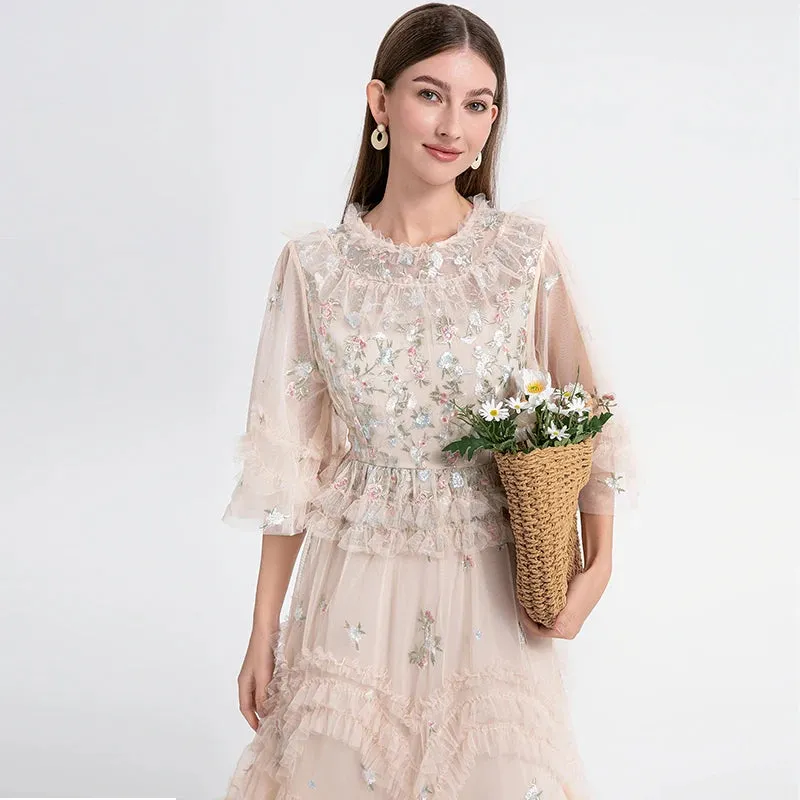 Long Embroidery Flower Ruffles Midi Party Evening Dress