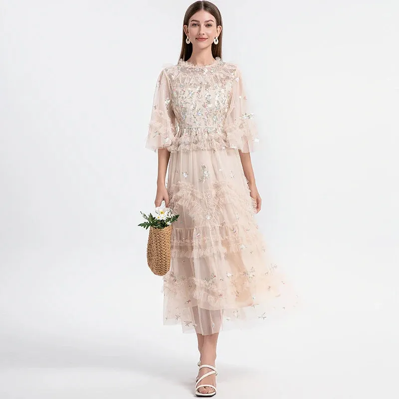 Long Embroidery Flower Ruffles Midi Party Evening Dress