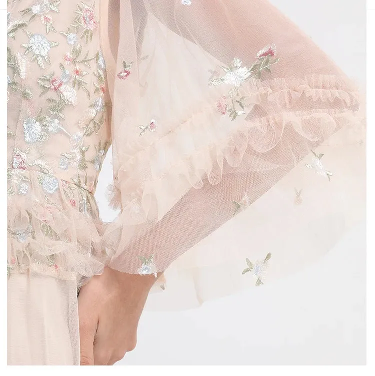 Long Embroidery Flower Ruffles Midi Party Evening Dress