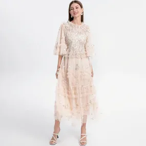 Long Embroidery Flower Ruffles Midi Party Evening Dress