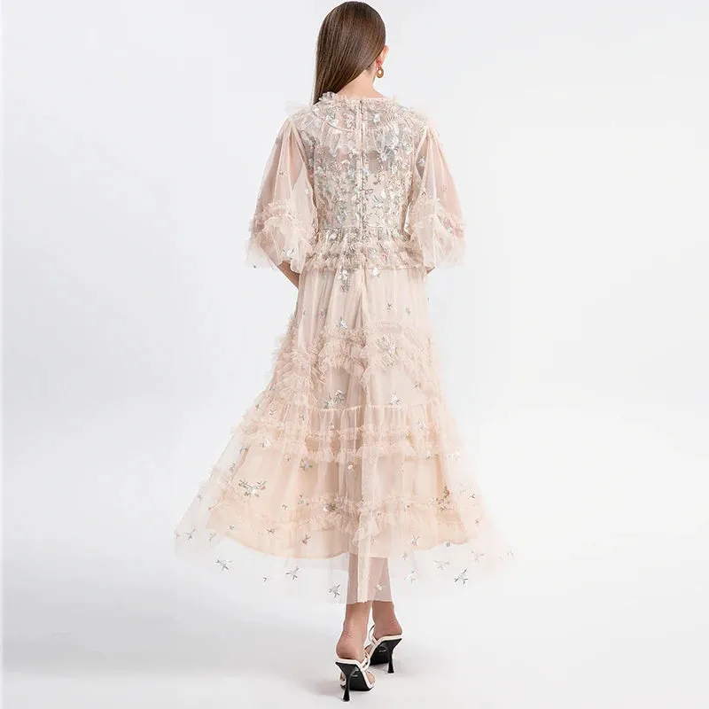 Long Embroidery Flower Ruffles Midi Party Evening Dress