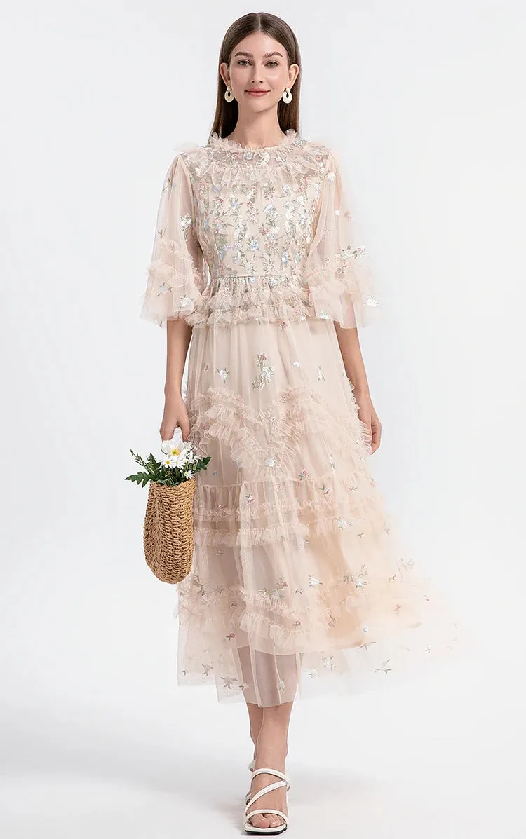 Long Embroidery Flower Ruffles Midi Party Evening Dress