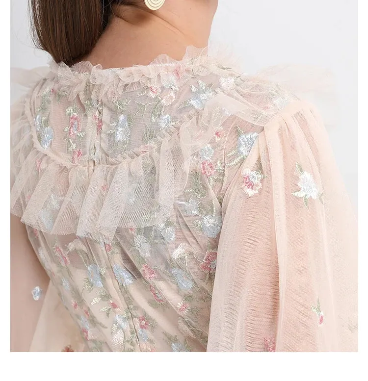 Long Embroidery Flower Ruffles Midi Party Evening Dress