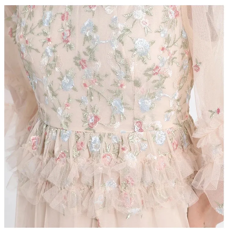Long Embroidery Flower Ruffles Midi Party Evening Dress