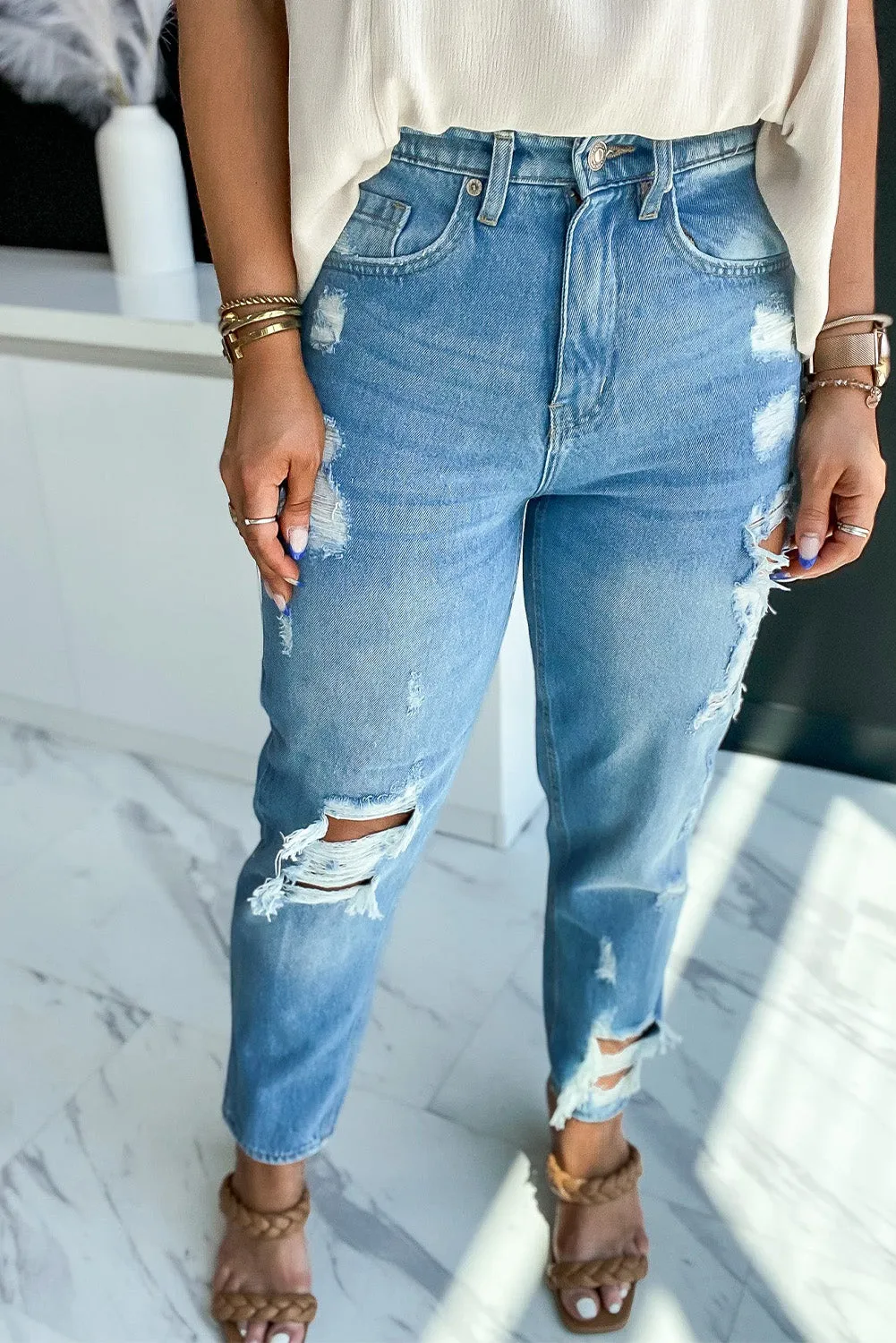 Medium Wash Distressed Straight Jeans