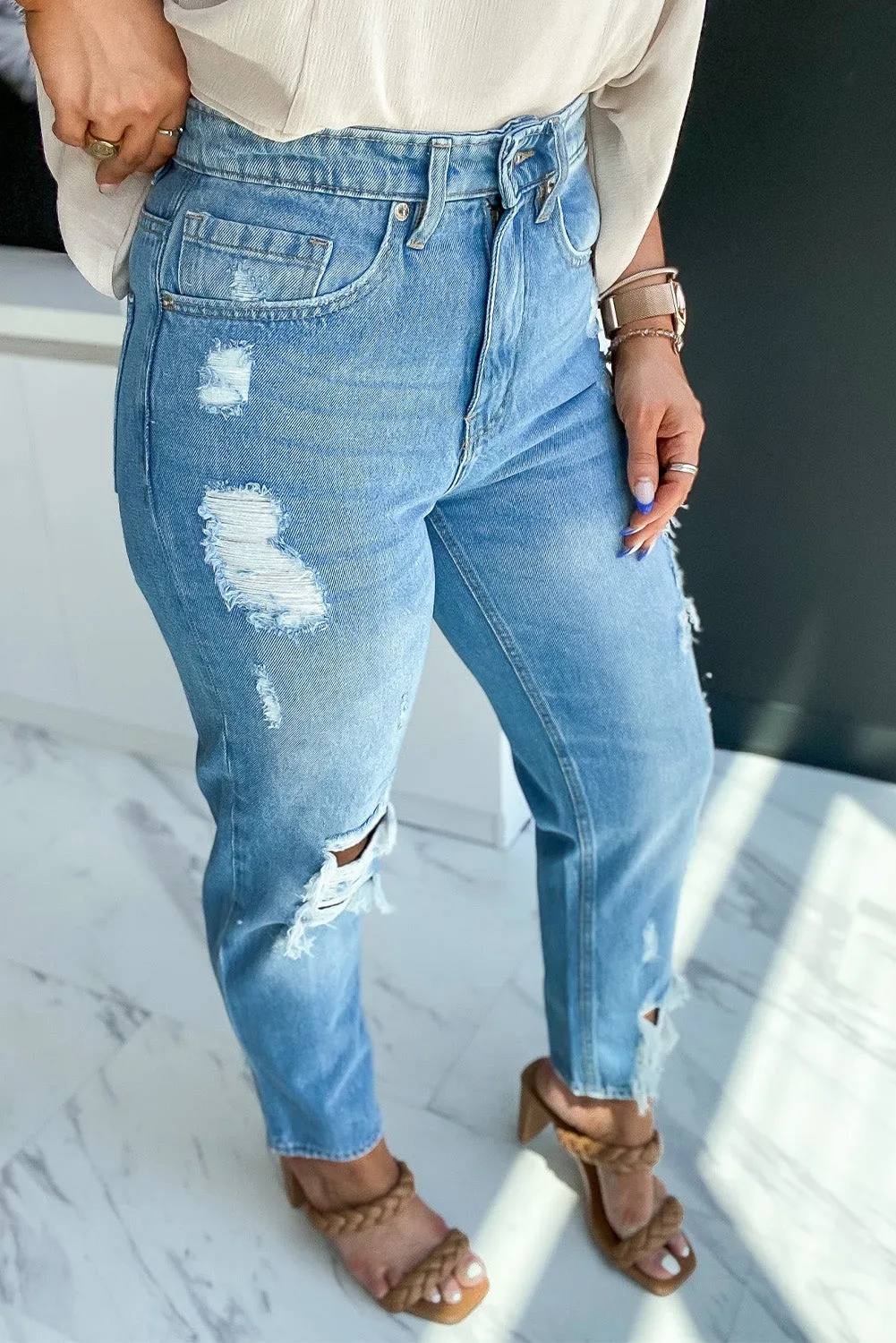 Medium Wash Distressed Straight Jeans