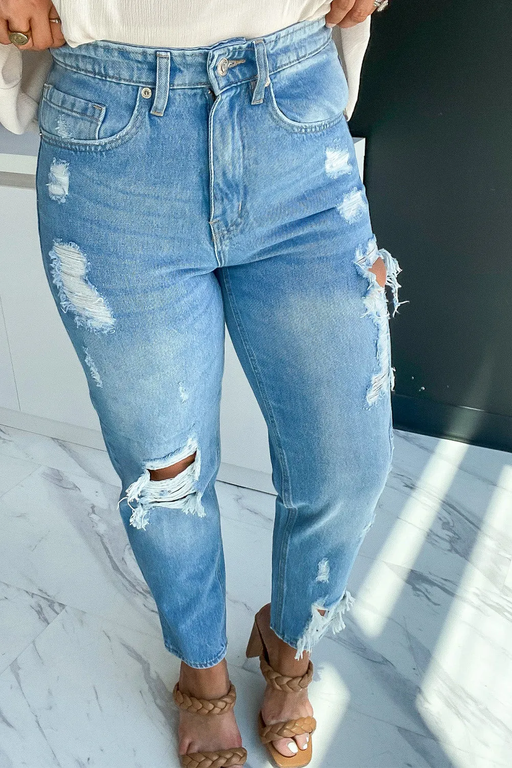 Medium Wash Distressed Straight Jeans