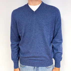 Men's Brunello Cucinelli Denim Blue Cashmere V-Neck Jumper Large