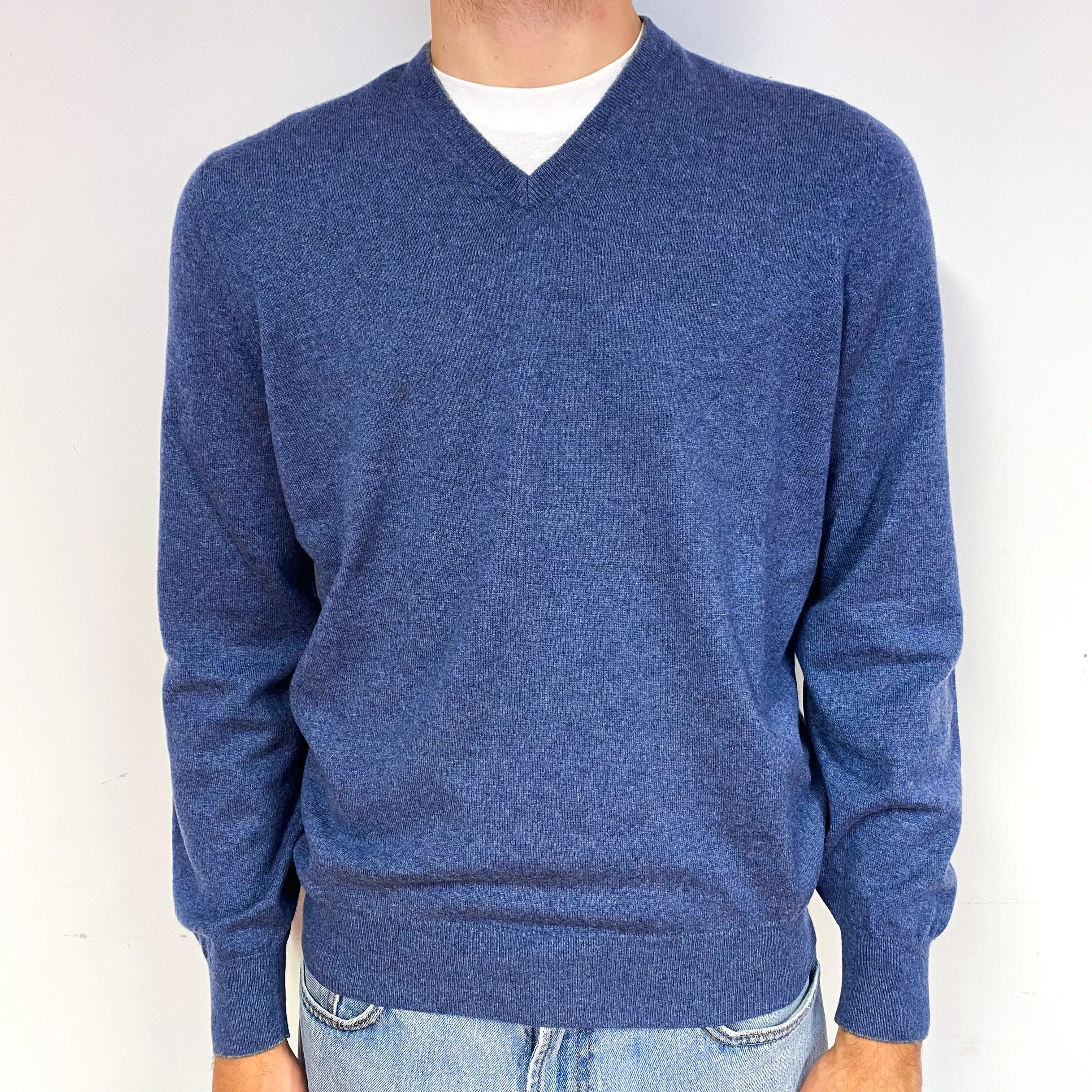 Men's Brunello Cucinelli Denim Blue Cashmere V-Neck Jumper Large