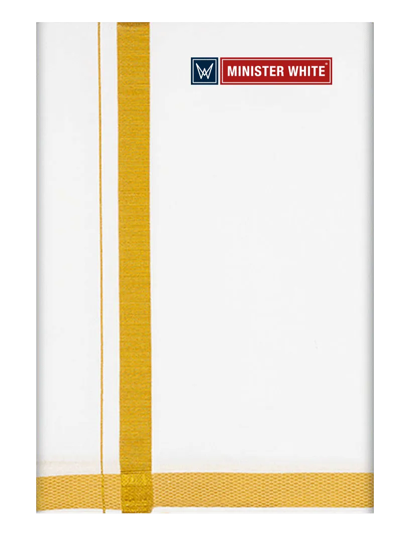 Mens Cotton White Double Layered Dhoti with 1" Gold Jari Border - Omkar