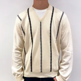 Men's Vintage Cream Cable Cashmere V-Neck Jumper Extra Large