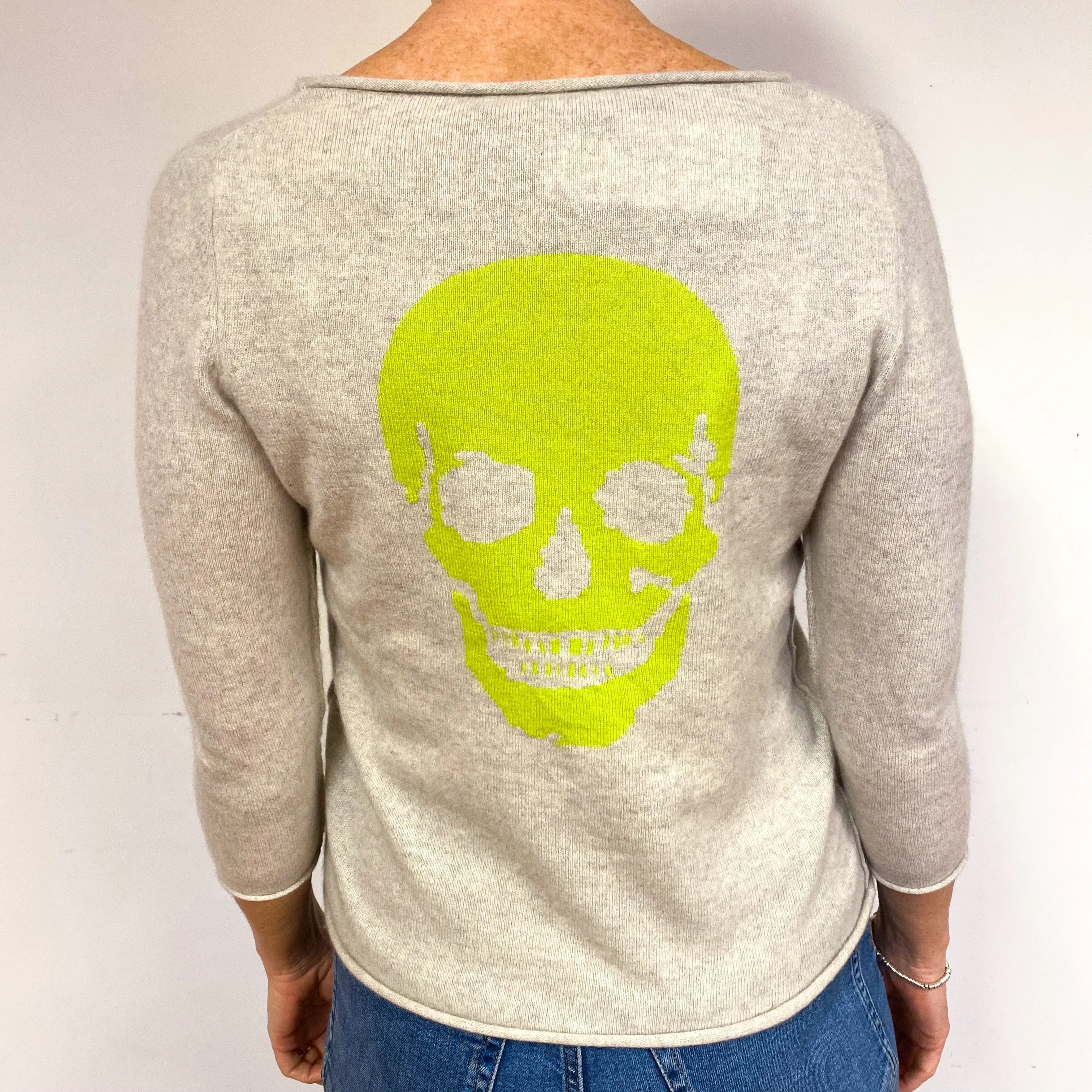 Mist Grey Skull Motif Cashmere Crew Neck Jumper Medium