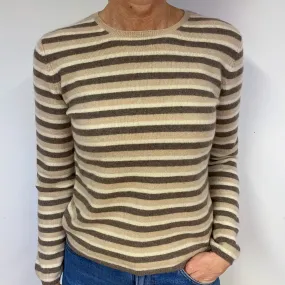 Mocha and Caramel Stripe Cashmere Crew Neck Jumper Medium
