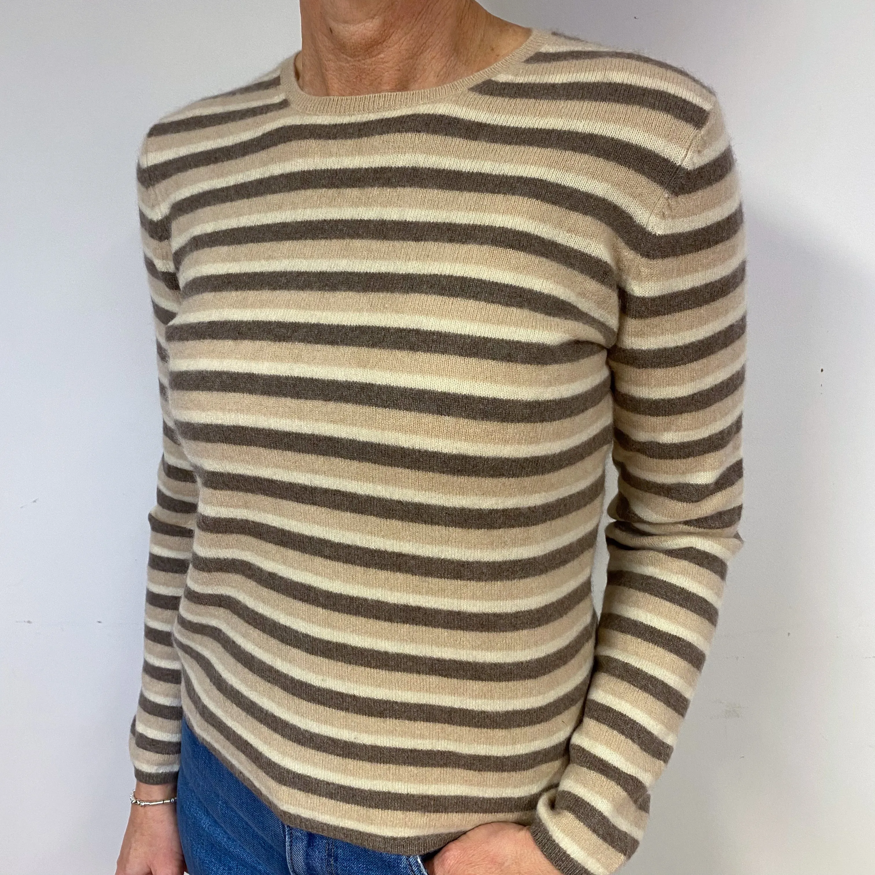 Mocha and Caramel Stripe Cashmere Crew Neck Jumper Medium