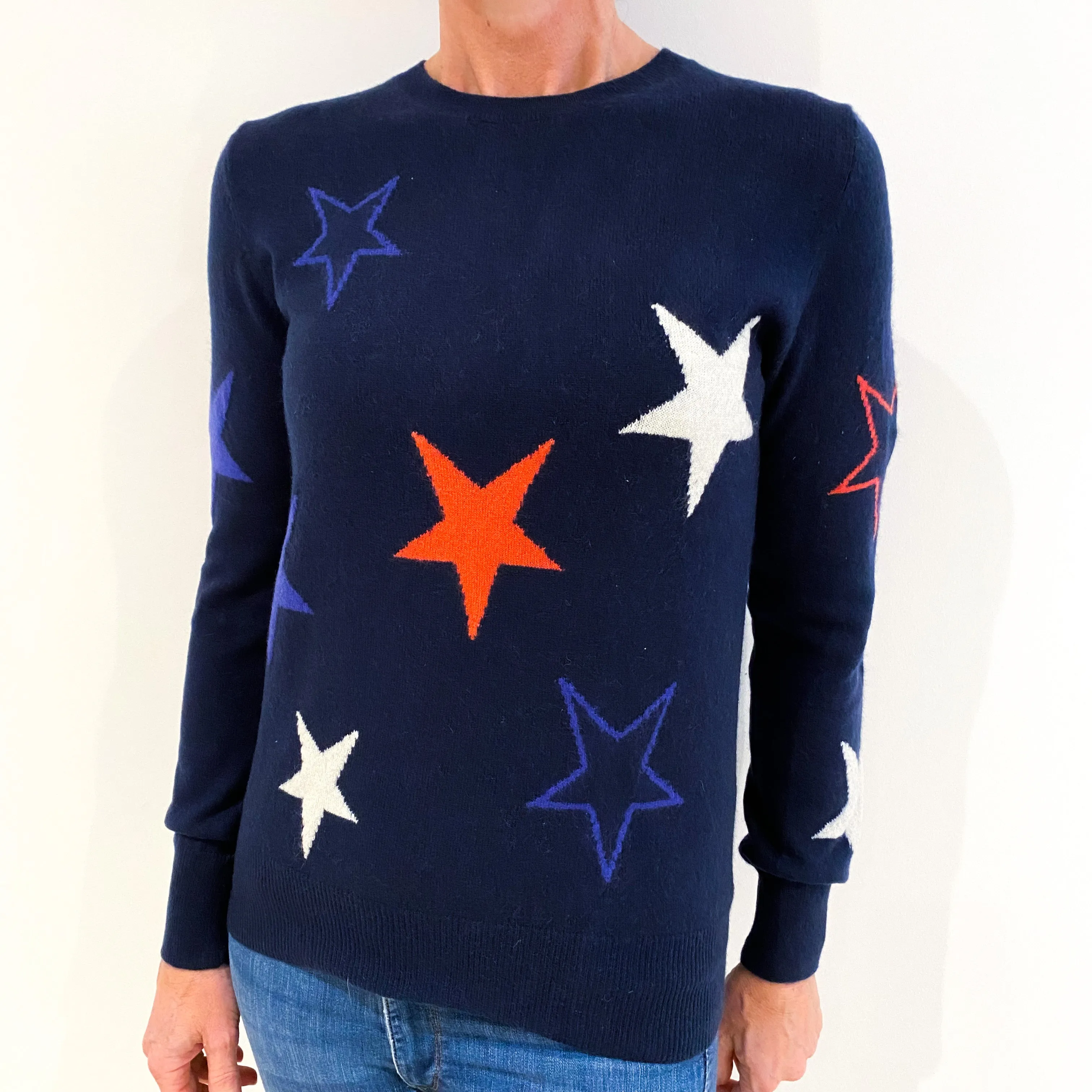 Navy Blue Jumper with Stars Cashmere Crew Neck Jumper Small