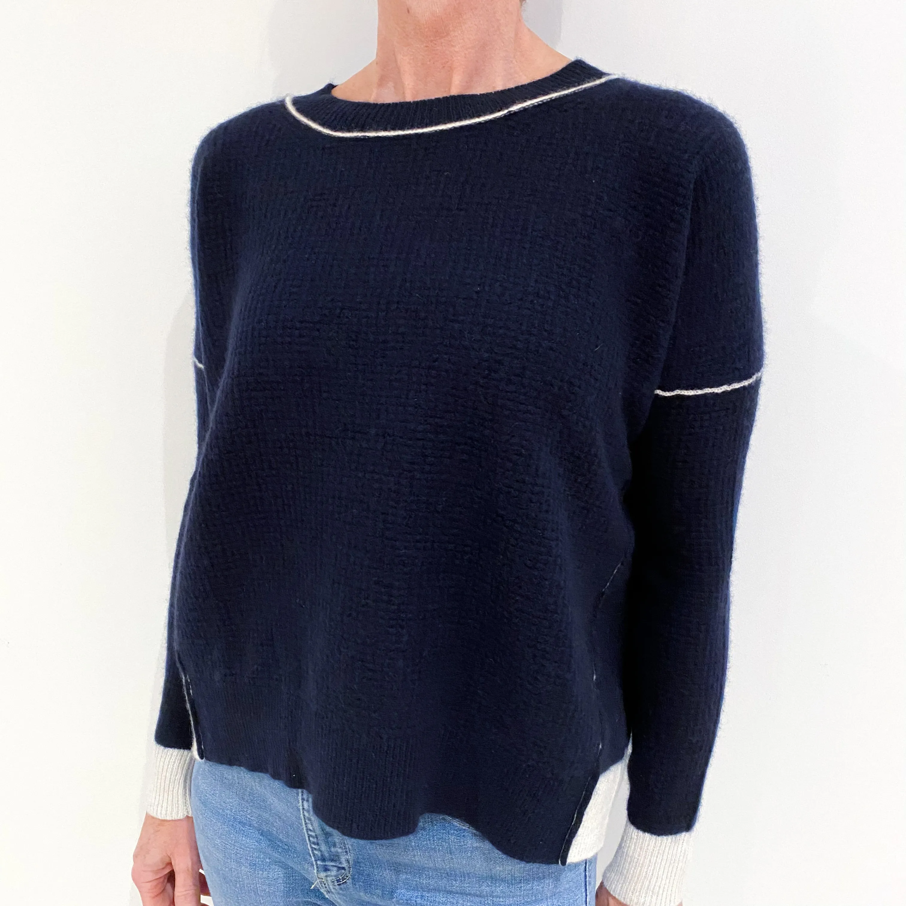 Navy Blue Waffle Cashmere Crew Neck Jumper Small