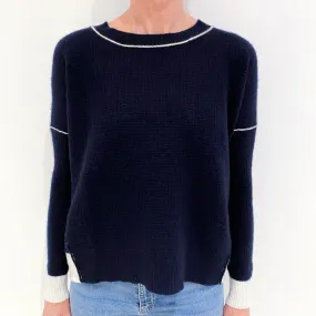 Navy Blue Waffle Cashmere Crew Neck Jumper Small