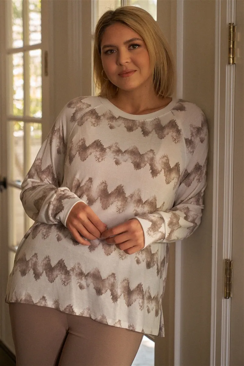 NicholesGifts Plus Size Women Cream & Taupe Abstract Blur Print Relaxed Sweatshirt