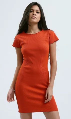O189726 Hot Orange Short Sleeves Ribbed Bodycon Dress