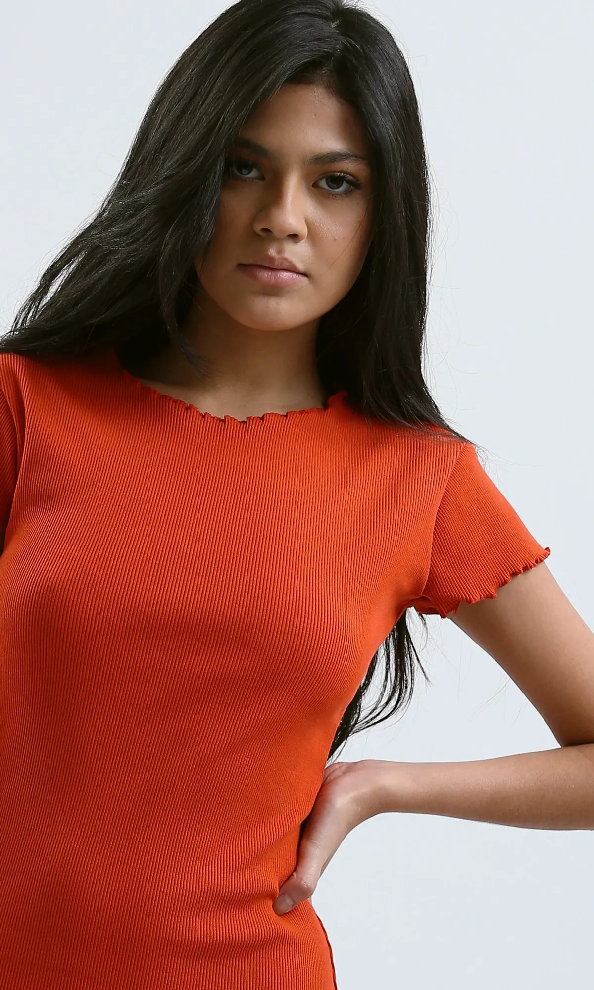 O189726 Hot Orange Short Sleeves Ribbed Bodycon Dress