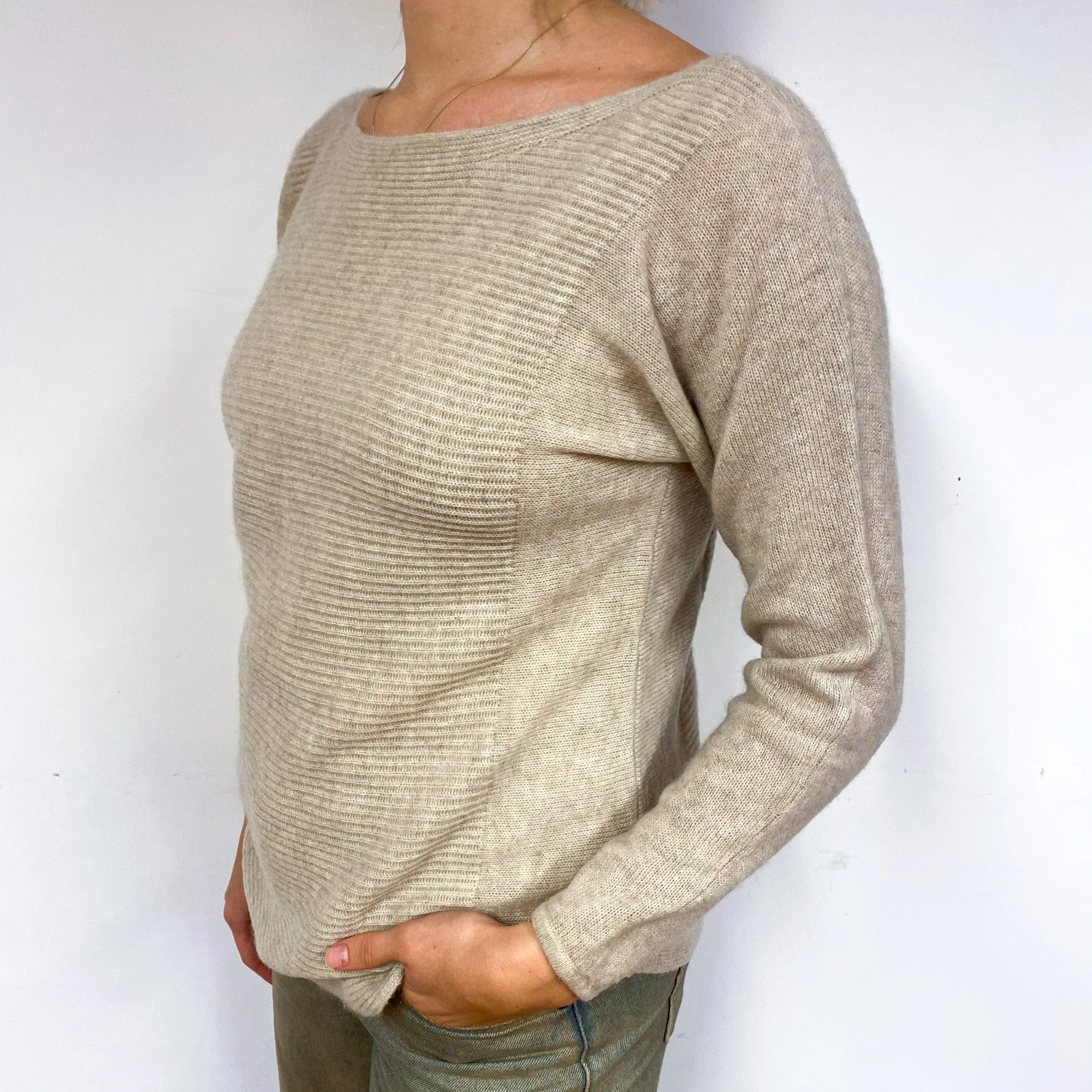 Oatmeal Beige Cashmere Boat Neck Jumper Small