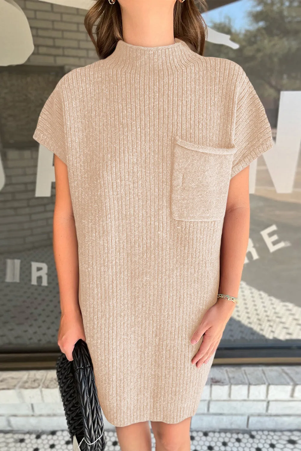 Oatmeal Ruby Patch Pocket Ribbed Knit Short Sleeve Sweater Dress