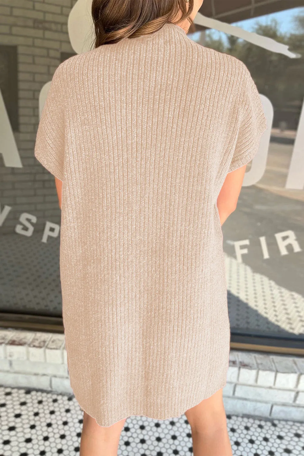 Oatmeal Ruby Patch Pocket Ribbed Knit Short Sleeve Sweater Dress